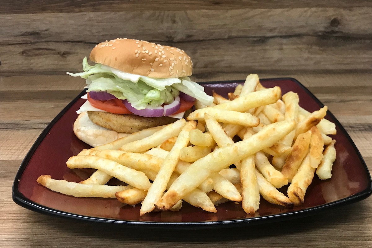 Chicken Burger and Fries at Family Time Pizza